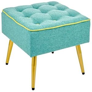 Baroni Home Stoffen gestoffeerde poef, vierkante kruk met poten van natuurlijk hout, voetenbank, stoel, 40 x 40 x 35 cm, (turquoise groene rand)