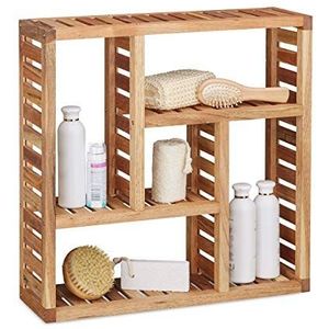 Relaxdays wandrek walnotenhout, met 5 vakken, voor badkamer, hal en woonkamer, wandbox, HxBxD: 50 x 50 x 15 cm, natuur