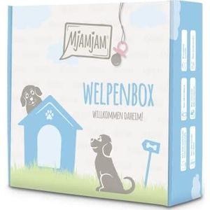 MjAMjAM - premium natvoer voor honden - puppybox - 6* junior - sappige kip met ei, puppyvoerzakje, balpen, blikdeksel, pak van 6 (6 x 200 g), graanvrij met extra vlees