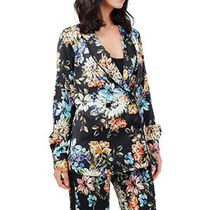 Pretty Darling Dames zwarte bloemen pyjama stijl satijn lange mouwen banding casual blouse, Meerkleurig, 36
