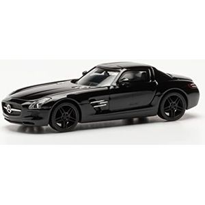 herpa 420501-002 Mercedes-Benz SLS AMG, trouw aan de originele schaal van 1:87, auto voor diorama's, modelgebouwen, verzamelobject, decoratie, van kunststof miniatuur, zwart