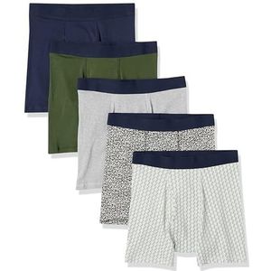 Amazon Essentials Men's Boxershort zonder label, Pack of 5, Bloemig/Grijs/Marineblauw/Olijfgroen/Rugby-print, M