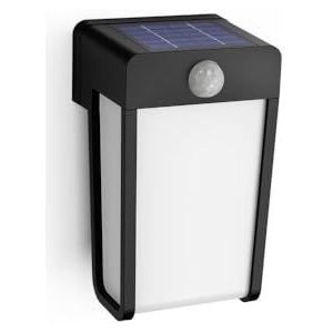 Philips Shroud buitenwandlamp op zonne-energie, 2.3W, 2700K, zwart, mat glas, beweg.ngssensor, IP44 weerbestendig