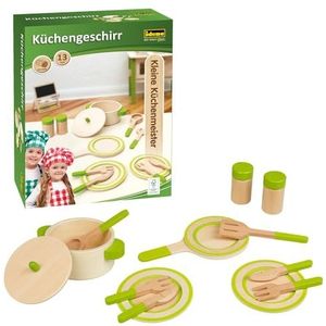 Idena 40238 - Little kitchen masters servies van hout, 13-delig kinderkookgerei, accessoires voor speelkeuken en winkel, voor kinderen vanaf 2 jaar