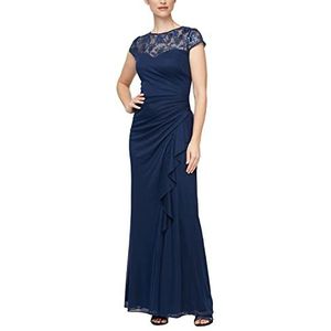 Alex Evenings lange damesjurk met watervalhals, A-lijn jurk voor speciale gelegenheden, Marineblauw borduurkapje, 42