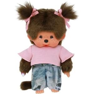 Sekiguchi 253845 - Origineel Monchhichi meisje met spijkerbroek en T-shirt, ca. 20 cm grote knuffel van bruin pluche