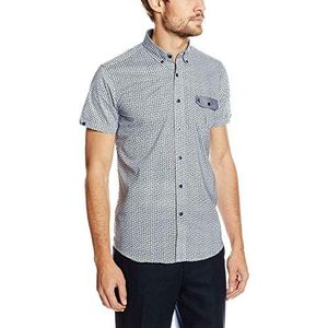 Gabicci Heren gestippeld patroon korte mouw slim fit casual shirt, Wit/Blauw (Wit), S