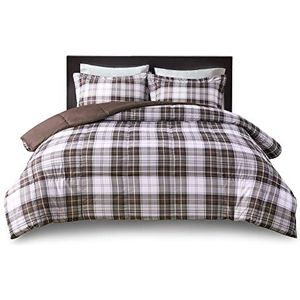 Madison Park Essentials Parkston Plaid Dekbed, bijpassende Sham, 3M Scotchguard vlek Release Cover, Hypoallergeen All Season Bedding-Set, Twin/Twin XL, Bruin, 2-delig