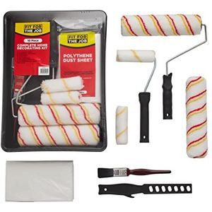 Fit For The Job Woningdecoratieset verfroller- en bakkenset met verfkwast, stofdeken, roerstokje - Rollersets voor verven van muren en plafonds met emulsie, miniroller voor verven met emulsie