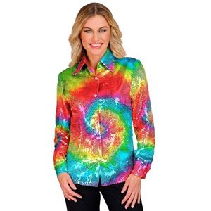 Widmann - Feestmode pailletten blouse voor dames, regenboog, psychedelic, disco fever, slagermove, dameshemd