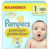 Pampers Maat 1 Luiers (2-5 kg), Premium Protection, 180 Luiers, Maandbox, Pampers NÂ°1 Voor Comfort En Bescherming Van De Gevoelige Huid