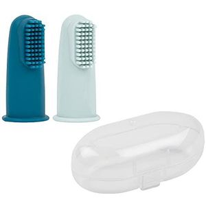 Nattou Babytandenborstel van siliconen, 2 x vingertandenborstel voor baby's en peuters, 1 x beschermhoes, BPA-vrij, siliconen, blauw