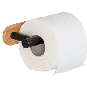 WENKO Turbo-Loc® toiletpapierhouder Orea Bamboo, toiletpapierhouder van zwart mat gelakt roestvrij staal gecombineerd met een wandhouder van bamboe, bevestiging zonder boren, 16 x 4,5 x 8 cm