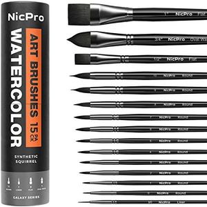Nicpro 15 stuks aquarel penselen set, professionele kwast kunstenaar fijne synthetische eekhoorn borstel voor aquarel, volwassen detail, gouache, acryl, olieverfschilderij - geleverd met houder en tas