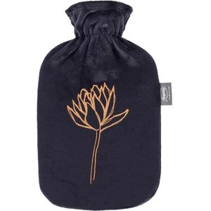 Fashy Warmwaterkruik 2,0 l met fleece-overtrek en applicatie bloem, zwart