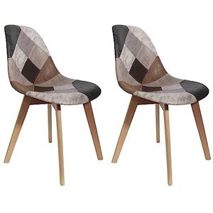 HOME DECO FACTORY, Set van 2 eetkamerstoelen in Scandinavische stijl, patchwork stof, beukenhouten poten, volledige en gebogen rugleuning, zelf in elkaar te zetten, bruin, 46 x 85 x 55 cm