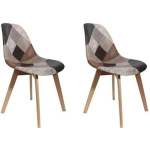 HOME DECO FACTORY, Set van 2 eetkamerstoelen in Scandinavische stijl, patchwork stof, beukenhouten poten, volledige en gebogen rugleuning, zelf in elkaar te zetten, bruin, 46 x 85 x 55 cm