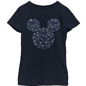 Disney Characters Mickey Ear Snowflakes Girl's Solid Crew Tee, Navy, XS