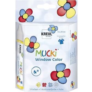 KREUL 24450 - Mucki Window Color Set, 4 x 29 ml verf en stevige folie, raamverf op waterbasis, parabeenvrij, glutenvrij, lactosevrij, veganistisch, gemakkelijk te schilderen, afwasbaar
