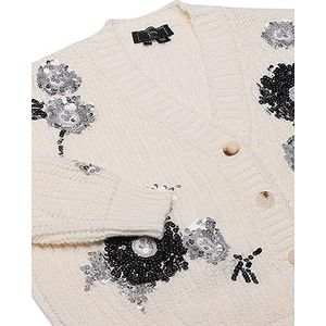 faina Dames Mode Cardigan met pailletten en bloemen-ronde hals WOLLWIT maat XS/S, wolwit, XL
