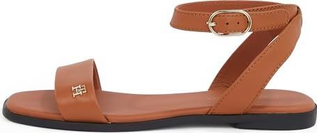 Tommy Hilfiger Leren sandaal met enkelbandje voor dames Fw0fw08422 Flat, Bruine kaneelschors, 36 EU
