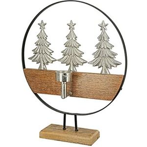 GILDE Houten kerstdecoratie theelicht kandelaar - motief: dennenbomen van aluminium - kleur: bruin zilver - tafeldecoratie - hoogte 43 cm