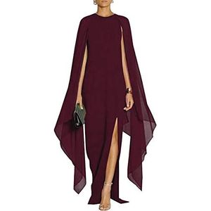 MAYFASEY Women's Flare Chiffon Sleeve High Split Formal Evening Gown Maxi Dress with Cape Wine Red M