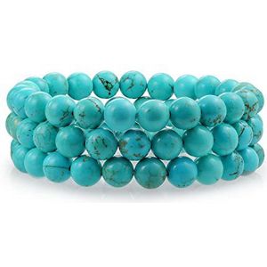 Bling Jewelry Set van 3 stapelbare uniseks elastische armbanden met ronde kralen van 8 mm voor vrouwen, tieners, mannen, meerdere rijen, stapelbaar, verstelbaar, 7.5 pouces, Turquoise steen, Turkoois