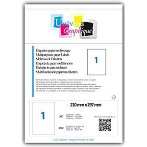 100 vellen A4 plakpapier, wit, zelfklevend, 210 x 297 mm, permanent plakband, 1 label, merk Univers Graphique UGEA4, voor laserprinters en inkjetprinters tva, verwijderbaar