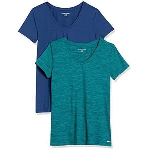 Amazon Essentials Dames Tech Stretch T-shirt met korte mouwen en V-hals (verkrijgbaar in grote maten), 2-Pack, Blauw/Blauwgroen Ruimteverf, S