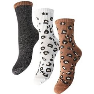 PCPRIMA ANIMAL SOCKS 3 PACK BC, Biscuit/Pack: 3 Pack Blc/Lurex-White Pepper/Leo, Eén Maat