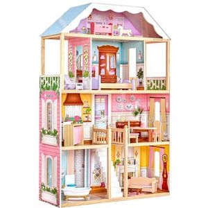 KidKraft Charlotte 65956 Houten poppenhuis met meubels en accessoires in klassieke stijl, 4 verdiepingen speelset voor poppen van 30 cm, kinderspeelgoed