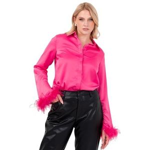 Lovedrobe Dames satijnen shirt dames blouse veren trim manchet lange mouw punt kraag knop up smart casual kantoorkleding top, fuchsia roze 14, Fuchsia Roze, 40