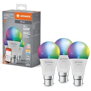 LEDVANCE Slimme LED lamp met WiFi technologie, B22d-basis matte optiek,RGBW-kleuren veranderbaar, lichtkleur veranderbaar (2700K-6500K), 806 Lumen, substituut voor 60W-verlichtingsmiddel, 3-Pak