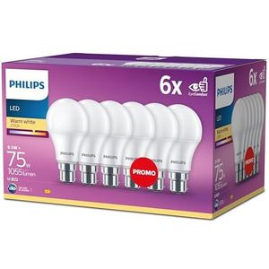 Philips LED 75W A60 B22, mat glas, 6-pack