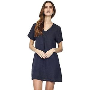 Bonateks Damesjurk, 100% linnen, gemaakt in Italië, jurk met korte mouwen, plooien, marineblauw, maat: L, Marineblauw, L
