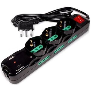 Tecnoware Power Systems Power Cleaner 9 Stekkerdoos, 3 Stopcontacten Italië/Schuko, 6 Stopcontacten Italië 10/16A, 1 USB-A Poort, 1 USB-C Poort, Quick Charger 3.0, Verlichte Schakelaar, Zwart