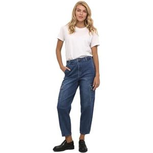 KAFFE Dames Jeans Cargo Pockets Cropped Length High-Waisted Tapered Legs, Medium Blue Denim, 44