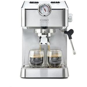 Caso Espresso Gourmet - zeefhouder van roestvrij staal, krachtige 19 bar Ulka-pomp, met melkopschuimer voor koffiepoeder of ESE koffiepads, voor 2 kopjes, met bekerverwarmingsplaat