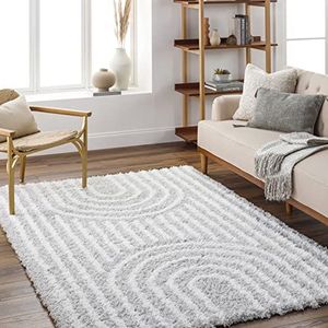 Surya Samara Shaggy Berber tapijt - pluizig tapijt voor woonkamer, eetkamer, slaapkamer, abstract langpolig hoogpolig tapijt, wit, pluizig en onderhoudsvriendelijk - tapijt groot, 160 x 220 cm, grijs