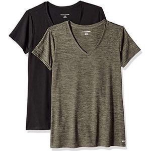 Amazon Essentials Dames Tech Stretch T-shirt met korte mouwen en V-hals (verkrijgbaar in grote maten), 2-Pack, Olijfgroen Ruimteverf/Zwart, XXL