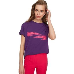 Trendyol Dames Purple Print Boyfriend Gebreide T-shirt, XS