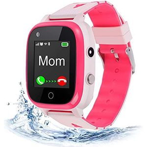 ele ELEOPTION 4G Smartwatch voor kinderen, IP67, waterdicht, met GPS-positie, camera, SOS, oproepen, stappenteller, touchscreen, videochat, smartwatch voor jongens en meisjes, roze T5