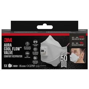 3M Aura 9332+, FFP3 adembeschermingsmasker met ventiel, voor isolatiematerialen en hardhout, FFP3-masker, 5 stuks