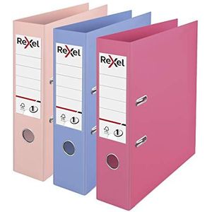 Rexel Pastelkleurige kunststof ordner, A4, 3 mappen, gesorteerd, roze, blauw en perzik