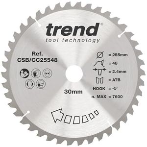 Trend Houtverstekzaag, 255 mm diameter, 30 mm boring, 48 tanden, 2,4 mm afwerking, incidentiehoek -5°, TCT, gemiddeld oppervlak, CSB/CC25548