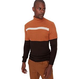 Trendyol Gestreepte slanke sweater met ronde hals voor heren, camel, S Grote Maten