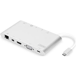 DIGITUS USB-C Docking Station - 11 poorten - 1x HDMI, 1x mDP, 1x VGA (4K@30Hz) - 3x USB 3.0 / USB 2.0, 1x USB Type-C - RJ45 LAN, jack audio, kaartlezer - Zilver