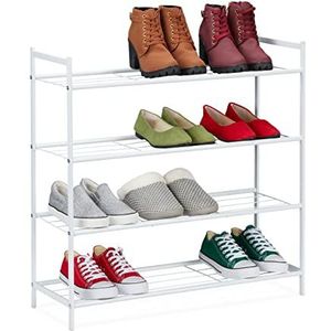 Relaxdays Schoenenrek metaal, 4 planken, schoenenopslag voor 12 paar schoenen, h x b x d: 70 x 70 x 26 cm, staand rek, wit