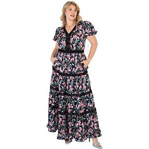 Lovedrobe Dames dames plus size zomerjurk curve gepofte korte mouw maxi v-hals bloemen bloemen kant cocktail A-lijn, Zwart, 52